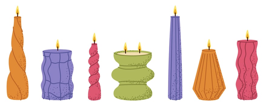 Colorful abstract burning candles, ideal for holiday decor or hygge designs. vector