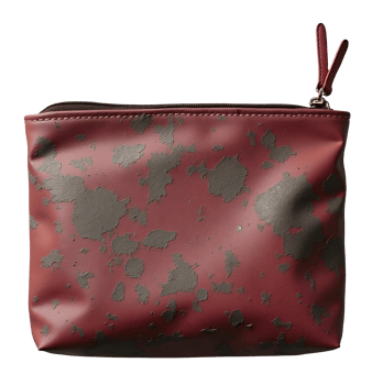 Red distressed pouch displays peeling material, worn accessory revealing its age png
