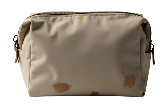 Beige toiletry bag appears stained and dirty, looking quite unkempt png