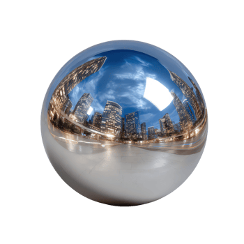 Reflective Sphere Showcasing Urban Cityscape with Buildings and Skyscrapers Under a Dramatic Sky png