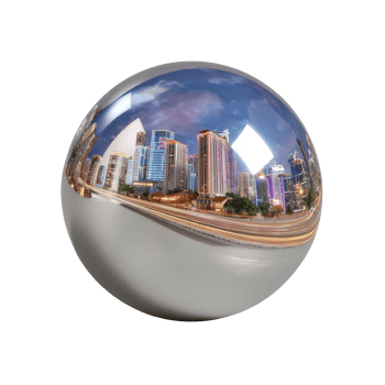 Urban Reflection in a Sphere Showing Modern Cityscape with Skyscrapers and Night Lights in Vibrant Colors png