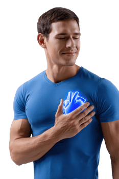 Man with Blue Shirt Touching Heart Symbol with a Calm Expression in a Conceptual Health and Wellness Theme png