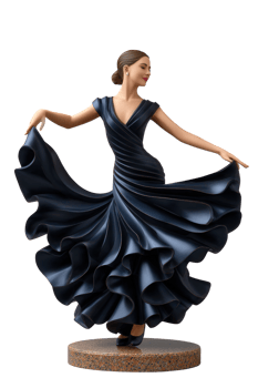 Elegant Woman Dancing in Flowing Dark Dress with Dramatic Ruffles on Elegant Base Display png