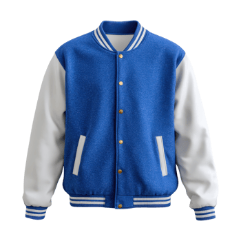 Classic Blue and White Letterman Jacket with Varsity Style for Sports Fashion Enthusiasts png