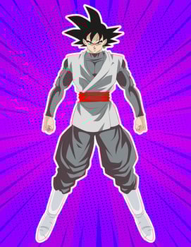 Full body illustration of Goku Black with purple comic background vector
