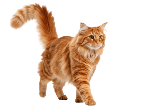 Majestic American curl cat with beautiful orange coat walks gracefully, showcasing its unique curled ears and playful demeanor png