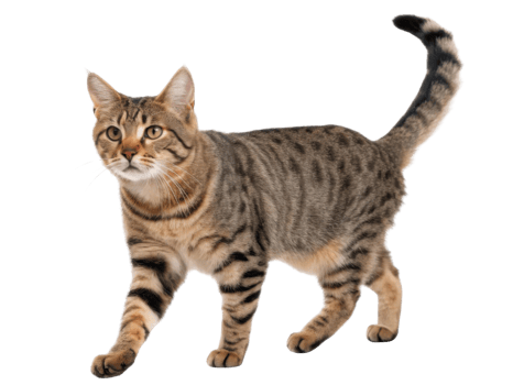 Playful american bobtail cat walks gracefully, showcasing its unique spotted coat and lively personality in vibrant setting png