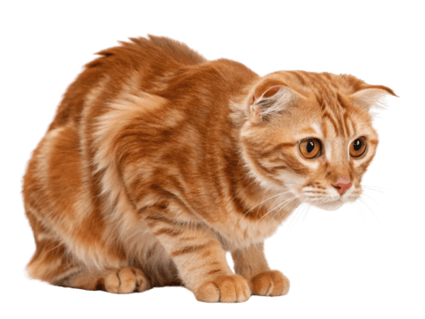 Curious American curl cat with striking orange fur is poised and ready to pounce, showcasing its playful nature and unique features png