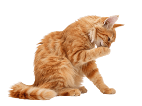 Fluffy orange cat with curly coat is grooming itself, showcasing its playful and curious nature. This adorable feline captures essence of cozy png