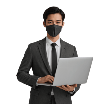 Asian professional in formal attire utilizing technology with protective facial covering png