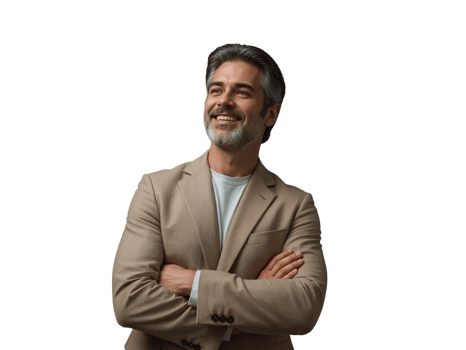 Confident mature businessman in a stylish beige suit with arms crossed looks upward smiling png