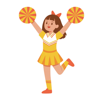 Young girl cheerleader in yellow outfit with pom poms png