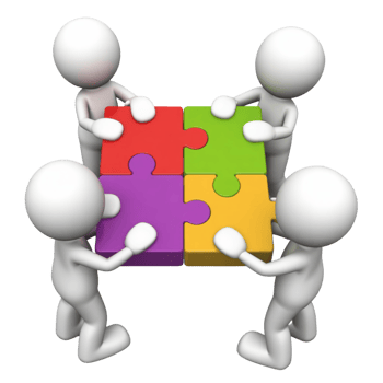 Four 3d figures collaborate to assemble a colorful four piece puzzle png