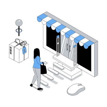 Online shopping 3d isometric concept with isometry people design for web. Woman making purchases in internet store, placing orders with discount prices and gifts in marketplace. illustration vector