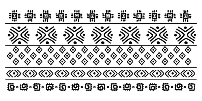Tribal ethnic decorative borders set with geometric shapes and traditional motifs in black and white, for textile design, digital prints, web design, packaging, cultural projects. vector