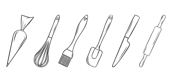 set of accessories for cooking and baking, bakery and baking, doodle and sketch style, simple black and white icons vector