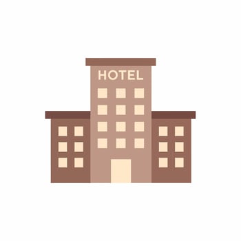 Flat design illustration of a symmetrical brown hotel building with a central tower, side wings, and multiple square windows. vector
