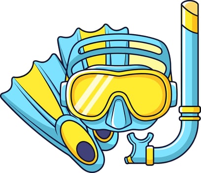 Vibrant cartoon snorkeling set with a blue and yellow mask, snorkel, and fins. vector
