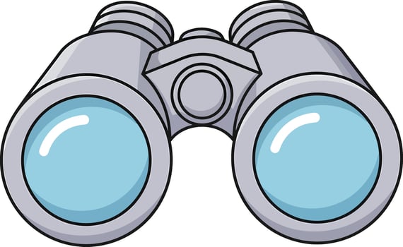 Cartoon illustration of grey binoculars with large, shiny light blue lenses and a central focus wheel. vector