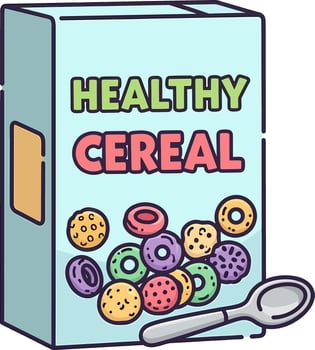 Colorful cartoon illustration of a healthy cereal box with assorted pieces and a spoon. vector