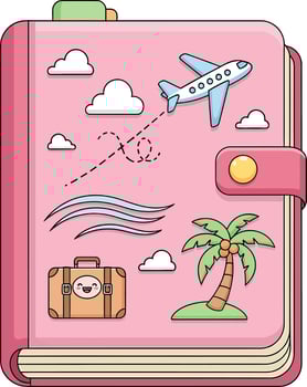 Pink Travel Journal with Airplane, Palm Tree, and Suitcase Stickers vector