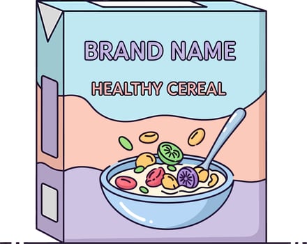 Pastel colored healthy cereal box illustration with a colorful fruit bowl graphic. vector