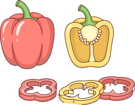 Red and Yellow Bell Peppers. Whole, Halved, and Sliced, Cartoon Style Illustration vector