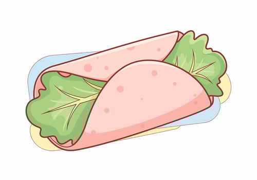 A colorful cartoon ham and lettuce roll-up with cheese, featuring a clean, outlined illustration style. vector