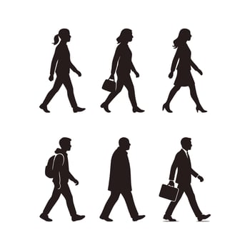 Six Diverse People men women Walking Side Profile Silhouettes collection, Showing Variety in Clothing, ages, professions and Body Types vector