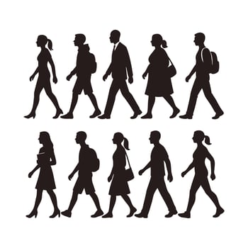 Diverse People Walking Side Profile Silhouettes collection, Showing Variety in Clothing, ages, professions and Body Types vector