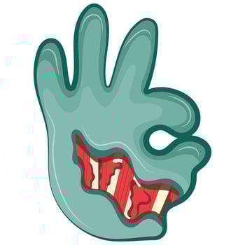 cartoon zombie hand in blue with open wounds and bones that folds into a standard 'ok' sign, Halloween design vector