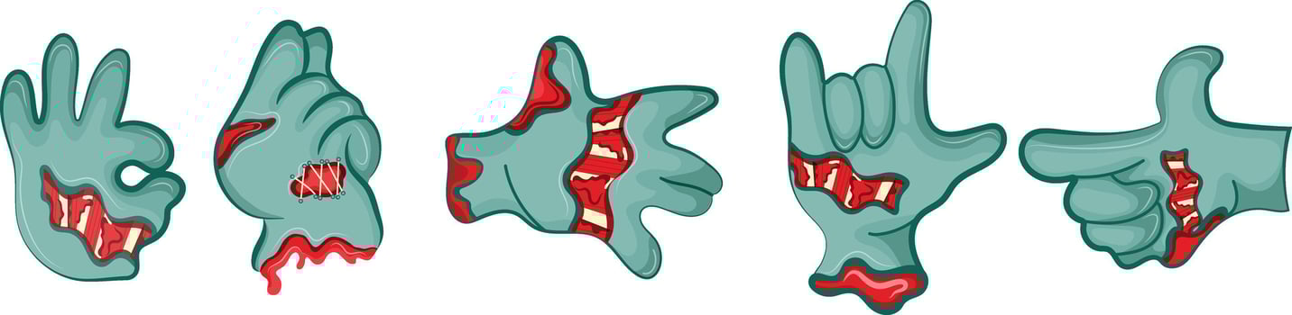 set with cartoon zombie hands in blue color with open wounds and bones that fold into various gestures in various shapes, design for Halloweens vector