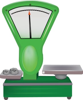 Green weighing scale balancing nuts on white background vector