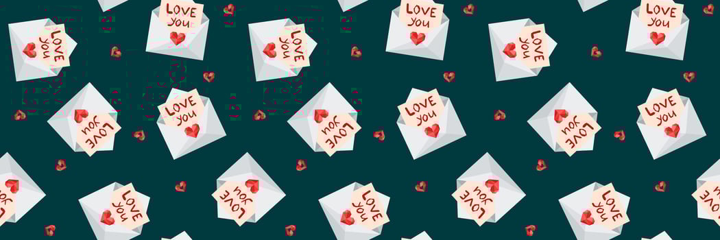 seamless pattern with love envelopes and letters on a dark emerald green background romantic design for valentine's day and anniversary vector