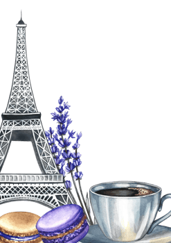 Frame and image of a coffee cup, macaroon almond cookies, and the Eiffel Tower. Hand-drawn watercolor illustration. French cuisine. For packaging, labels, flyers, menus, and posters. png