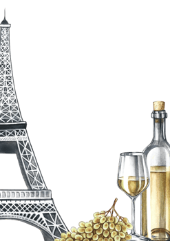 Vertical frame with a picture of white wine, a glass, a bunch of grapes, and the Eiffel Tower. Hand-drawn watercolor illustration. For invitations, menus, postcards, restaurant and bar decor, and more png