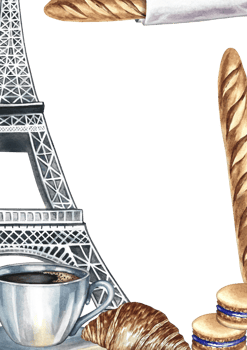 Frame with French pastries. Hand-drawn watercolor illustration. French baguette, almond biscuit, croissant and Eiffel Tower. For menu and recipe design, labels, packaging and more. png