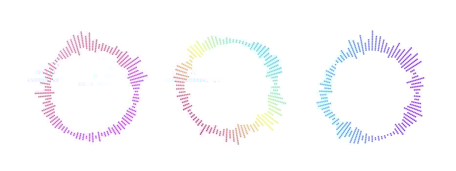 Bright neon color rings shaped as sound waves. Circular art symbolizing digital audio and frequency flow in a bold, vibrant look vector