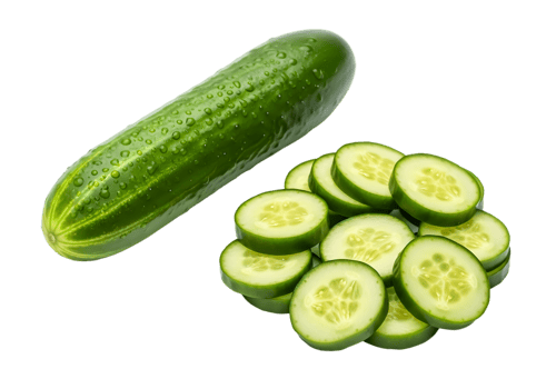 Close-up studio vegetable Food Photography, Fresh cucumber slices with a whole cucumber salad healthy and hydrating food png