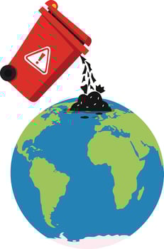 Earth pollution with red trash bin dumping waste on globe environmental concept illustration vector