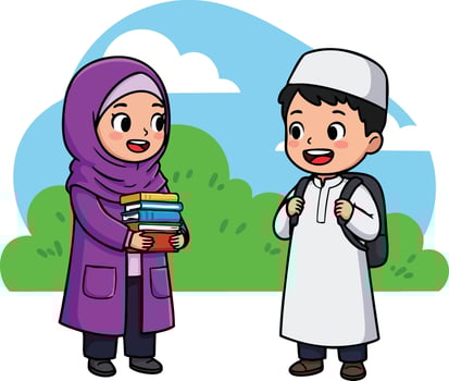 Muslim girl wearing hijab and boy in traditional clothes holding books and backpack in outdoor school scene illustration vector