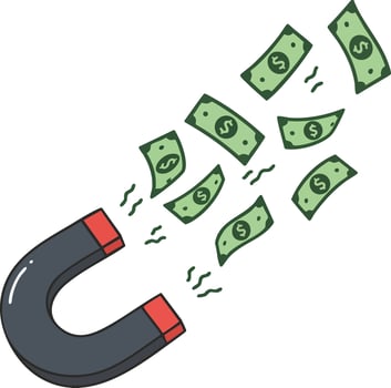 Magnet attracting flying money bills illustration for financial growth and wealth concept vector