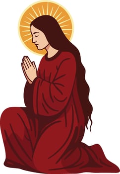 Woman praying in red robe with golden halo illustration in kneeling pose art vector