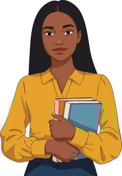 Young woman holding books in yellow shirt with long black hair education concept illustration vector