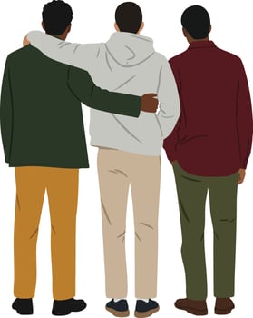 Three men standing together with arms around each other showing friendship and unity in casual clothing illustration vector