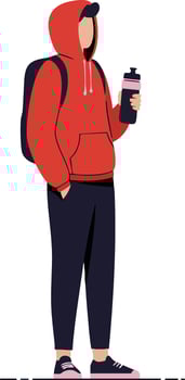 Young person in red hoodie holding water bottle with black backpack casual outfit illustration vector