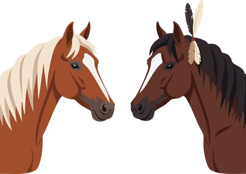 Two horse heads facing each other with one decorated with feathers in realistic illustration vector