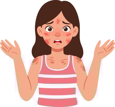 Young woman with red skin rash and allergic reaction expressing confusion and concern in illustration vector