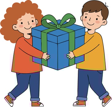 Children sharing large blue gift box with green ribbon in casual clothes smiling illustration vector