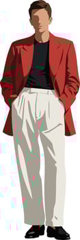 Man wearing red blazer and white pants standing confidently in casual fashion outfit illustration vector